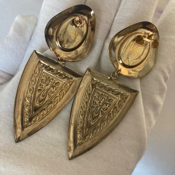 Vintage 80s Pierced Gold Tone Dangle Earrings Green Cabochon 3" Statement - Picture 6 of 7
